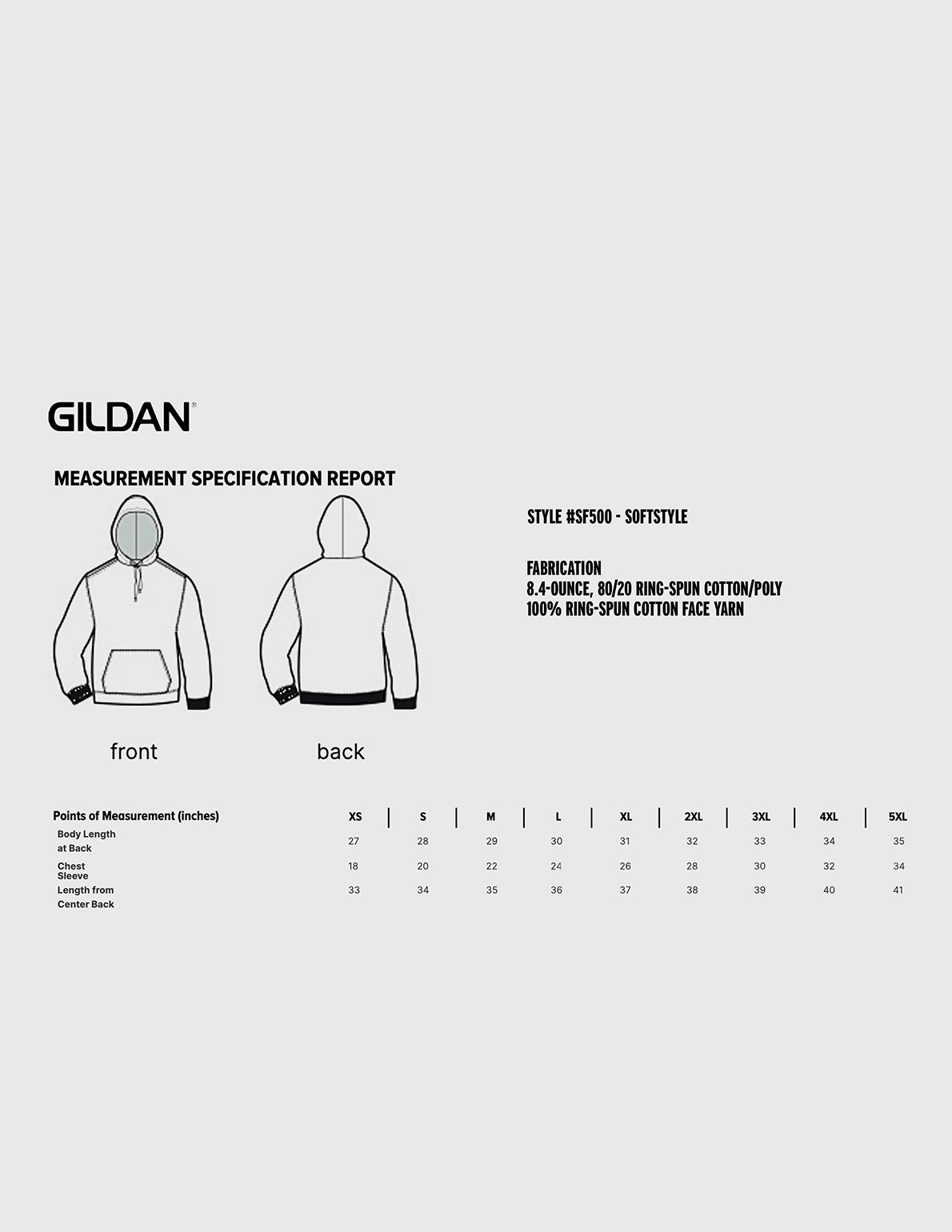 Gildan measurement specification report for a hoodie with front and back views and size chart.