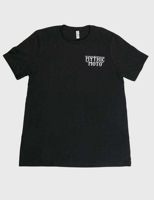 Black t-shirt with 'Mythic Moto' logo on a white background Her Two Wheels