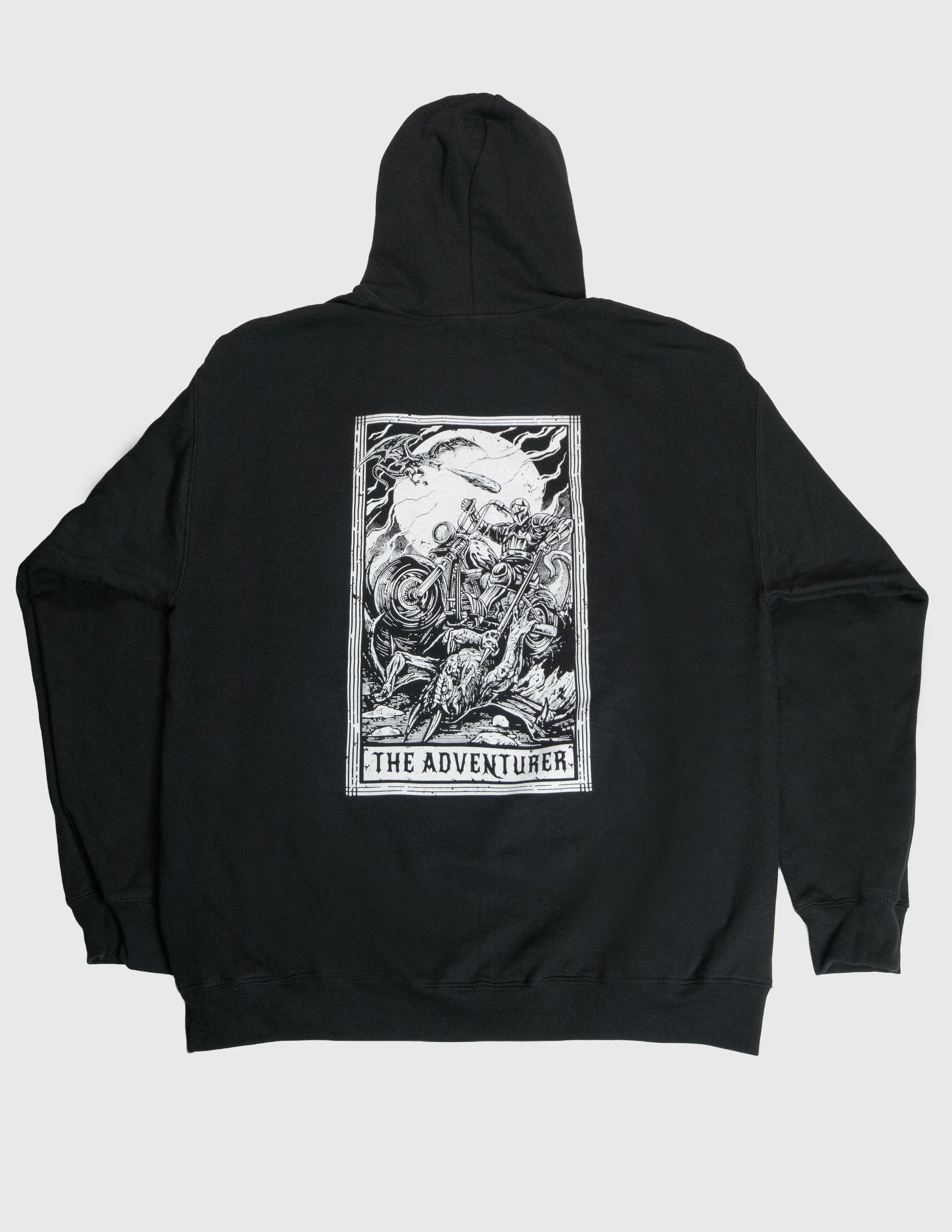 Black hoodie with 'The Adventurer' tarot card design on the back against a white background. Dragon, Knight, Motorcycle, Mythic Moto. Her Two Wheels