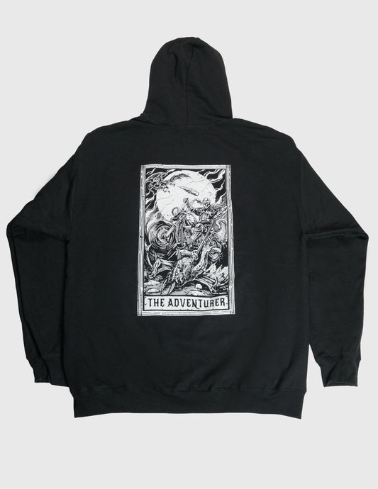Black hoodie with 'The Adventurer' tarot card design on the back against a white background. Dragon, Knight, Motorcycle, Mythic Moto. Her Two Wheels