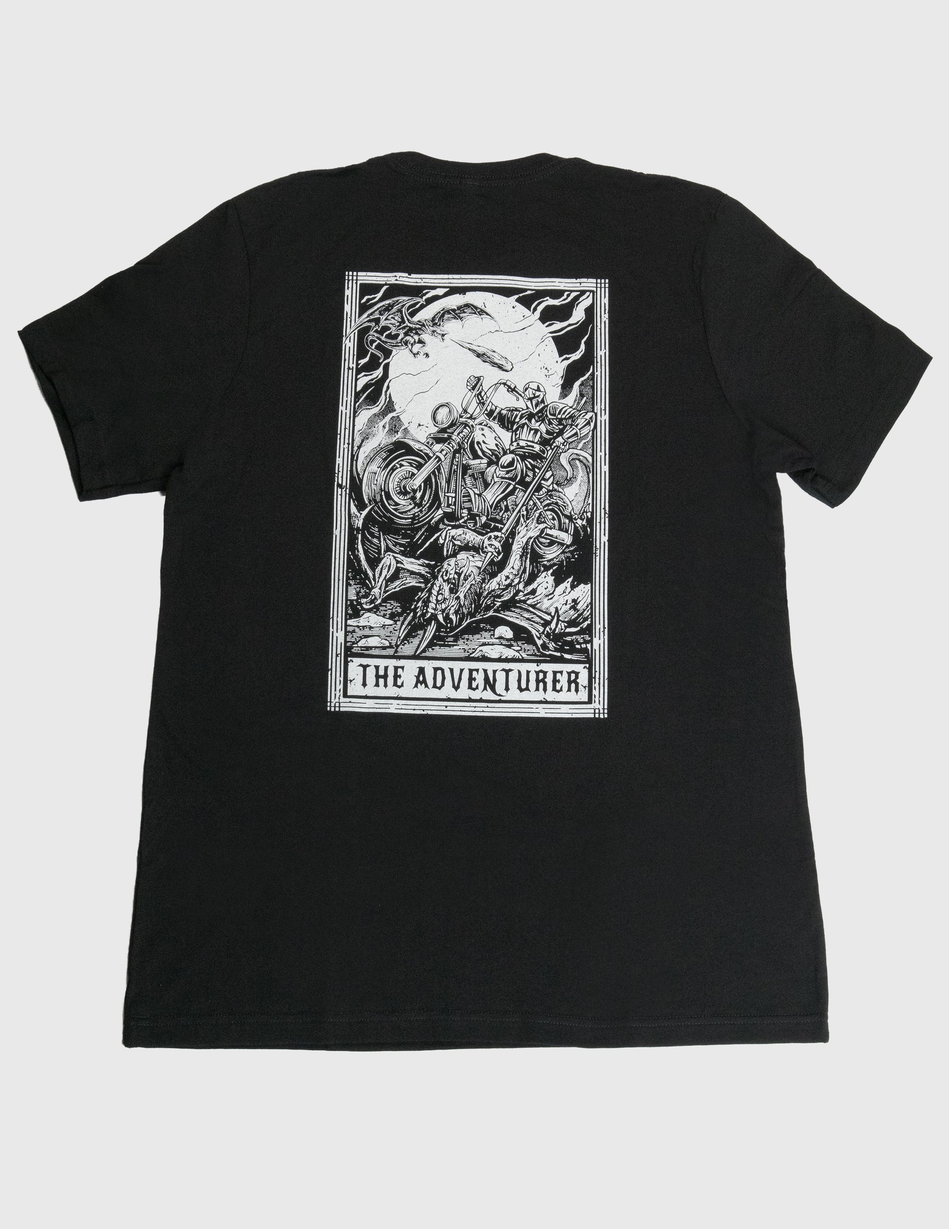 Black t-shirt with a graphic design on the back against a white background. Dragon, Motorcycle, Mythic Moto, Her Two Wheels