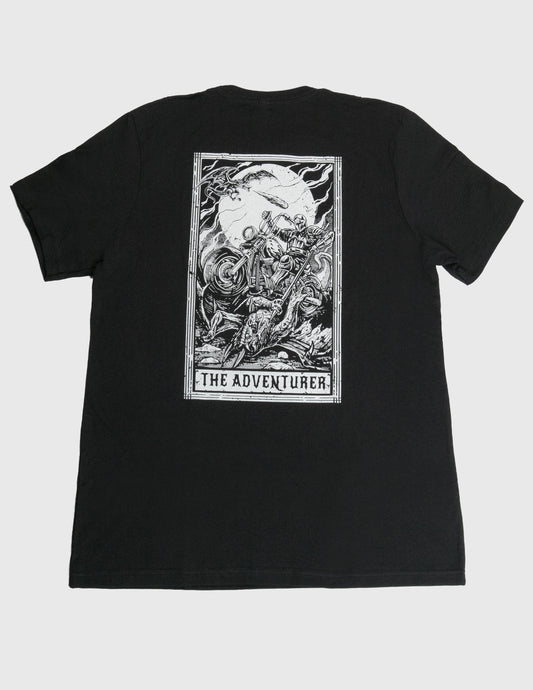 Black t-shirt with a graphic design on the back against a white background. Dragon, Motorcycle, Mythic Moto, Her Two Wheels