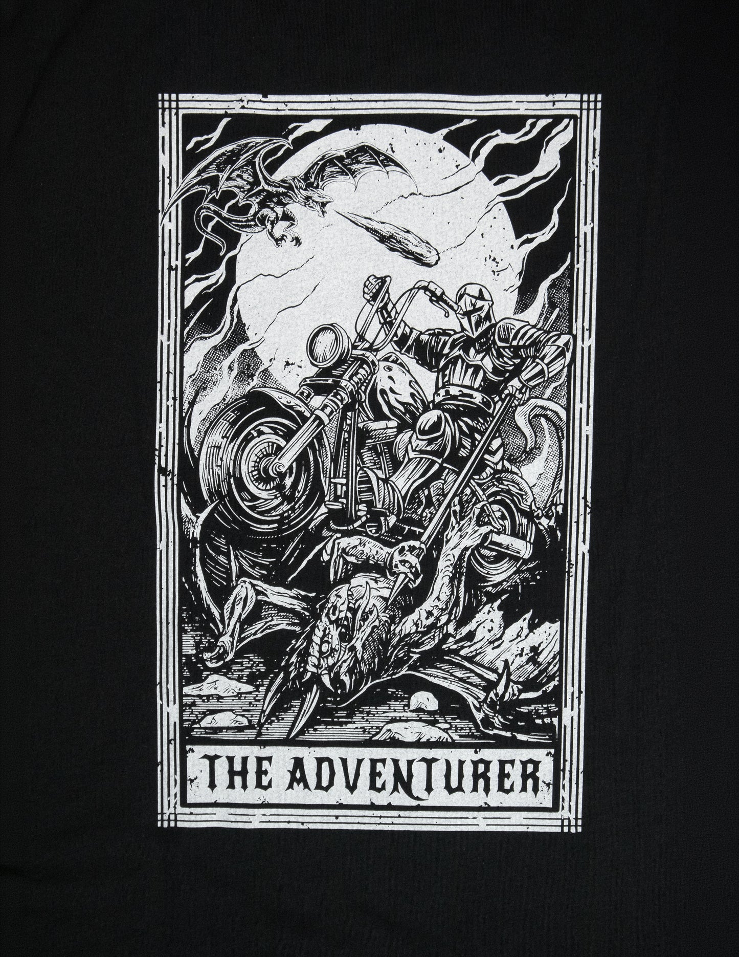 Black and white illustration of a skeleton on a motorcycle with 'The Adventurer' text on a black background. Knight, Motorcycle, Dragon, Mythic Moto, Her Two Wheels