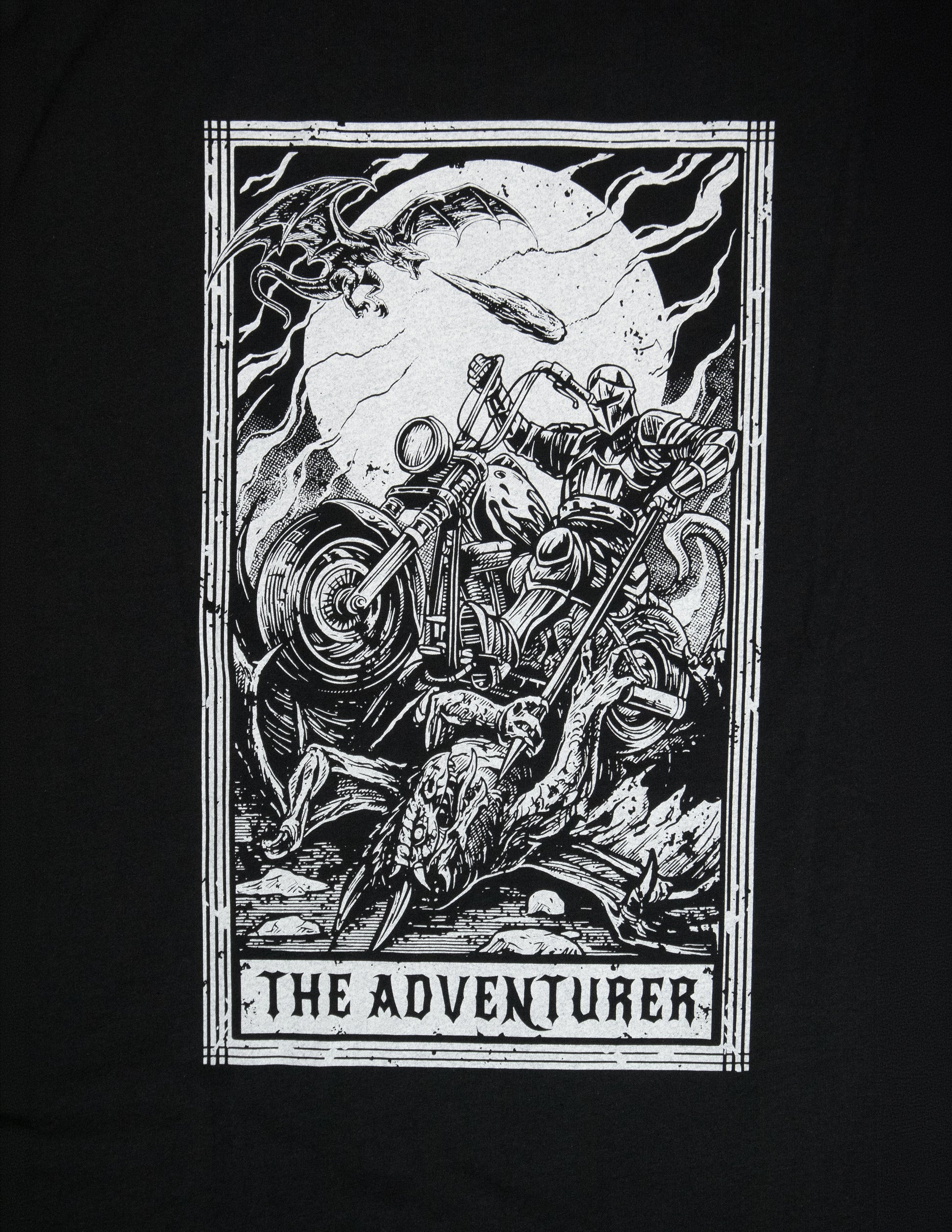 Black and white illustration of a skeleton on a motorcycle with 'The Adventurer' text on a black background. Knight, Motorcycle, Dragon, Mythic Moto, Her Two Wheels