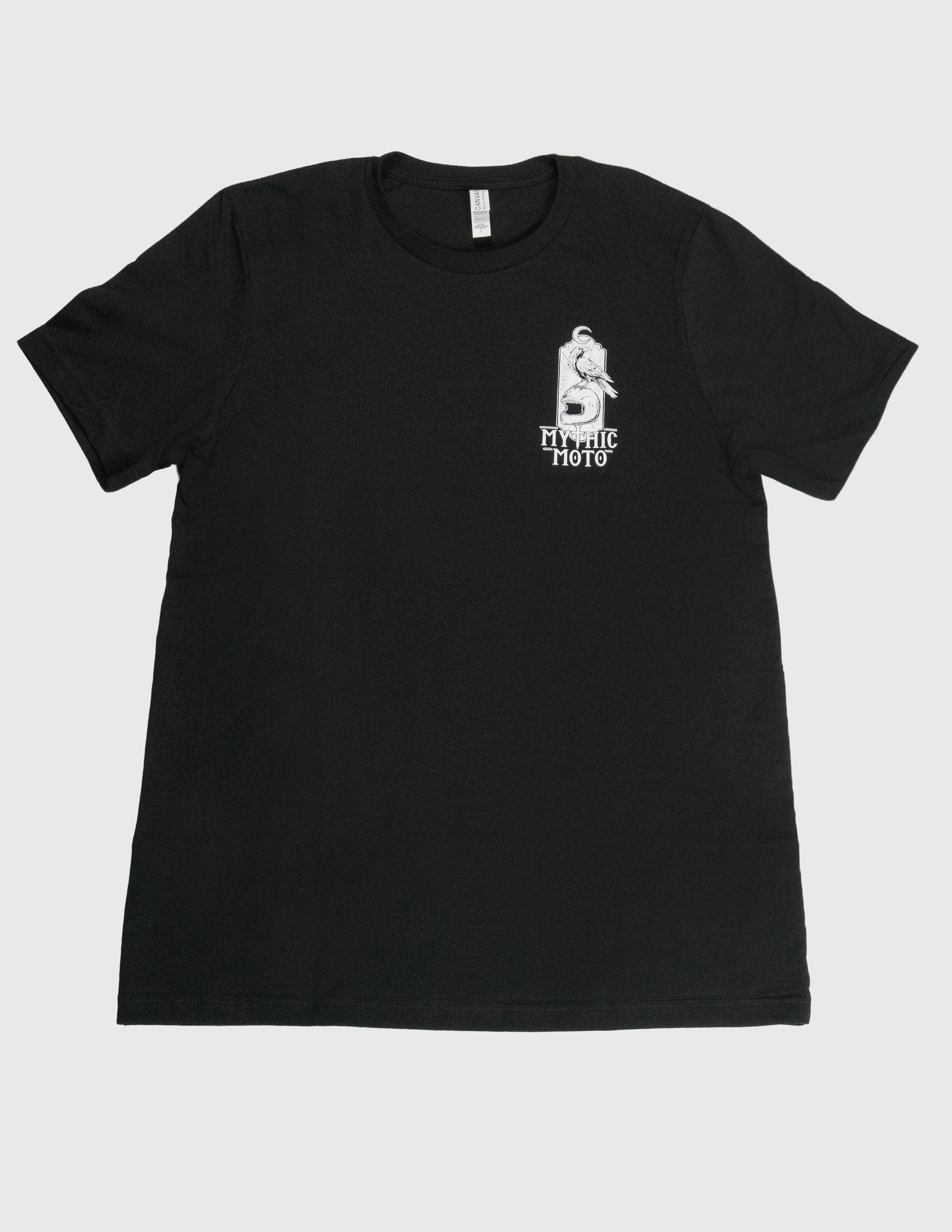 Black t-shirt with a white logo on a light gray background