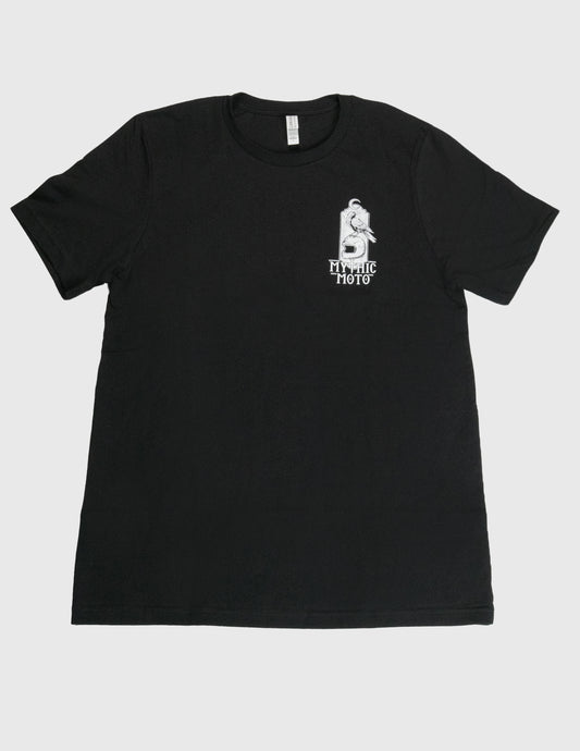 Black t-shirt with a white logo on a light gray background