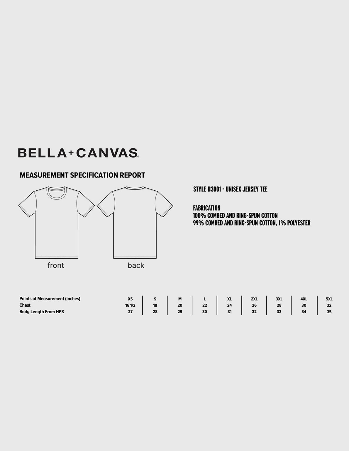 Measurement specification report for Bella+Canvas t-shirt with front and back views.