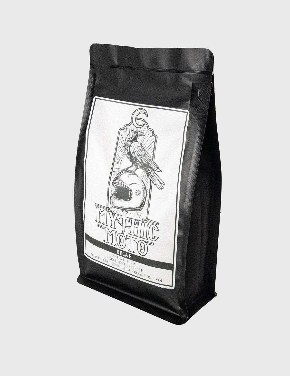 Decaf Espresso Blend Dark Roast Black coffee bag with 'Mythic Moto' label on a white background
