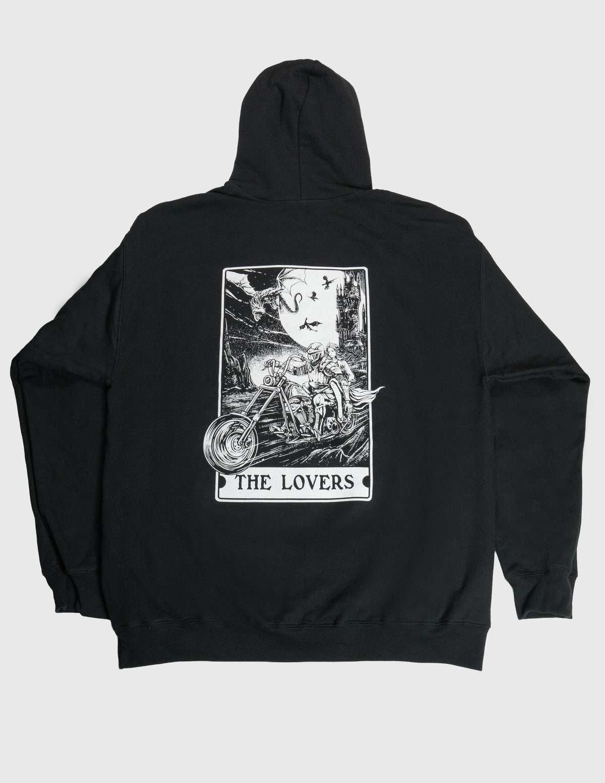 Black hoodie with 'The Lovers' Motorcycle Chopper Dragon tarot card design on the back against a white background