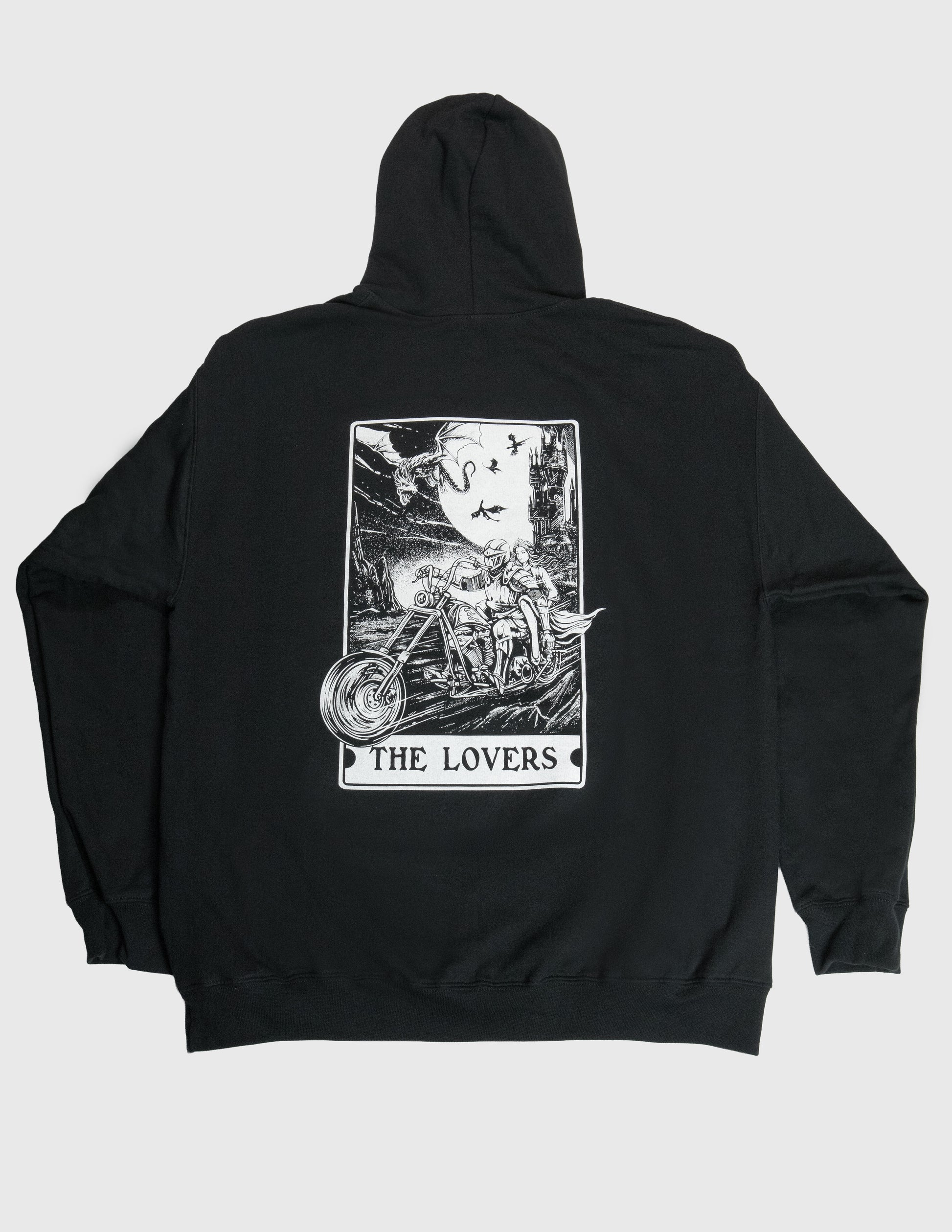 Black hoodie with 'The Lovers' Motorcycle Chopper Dragon tarot card design on the back against a white background