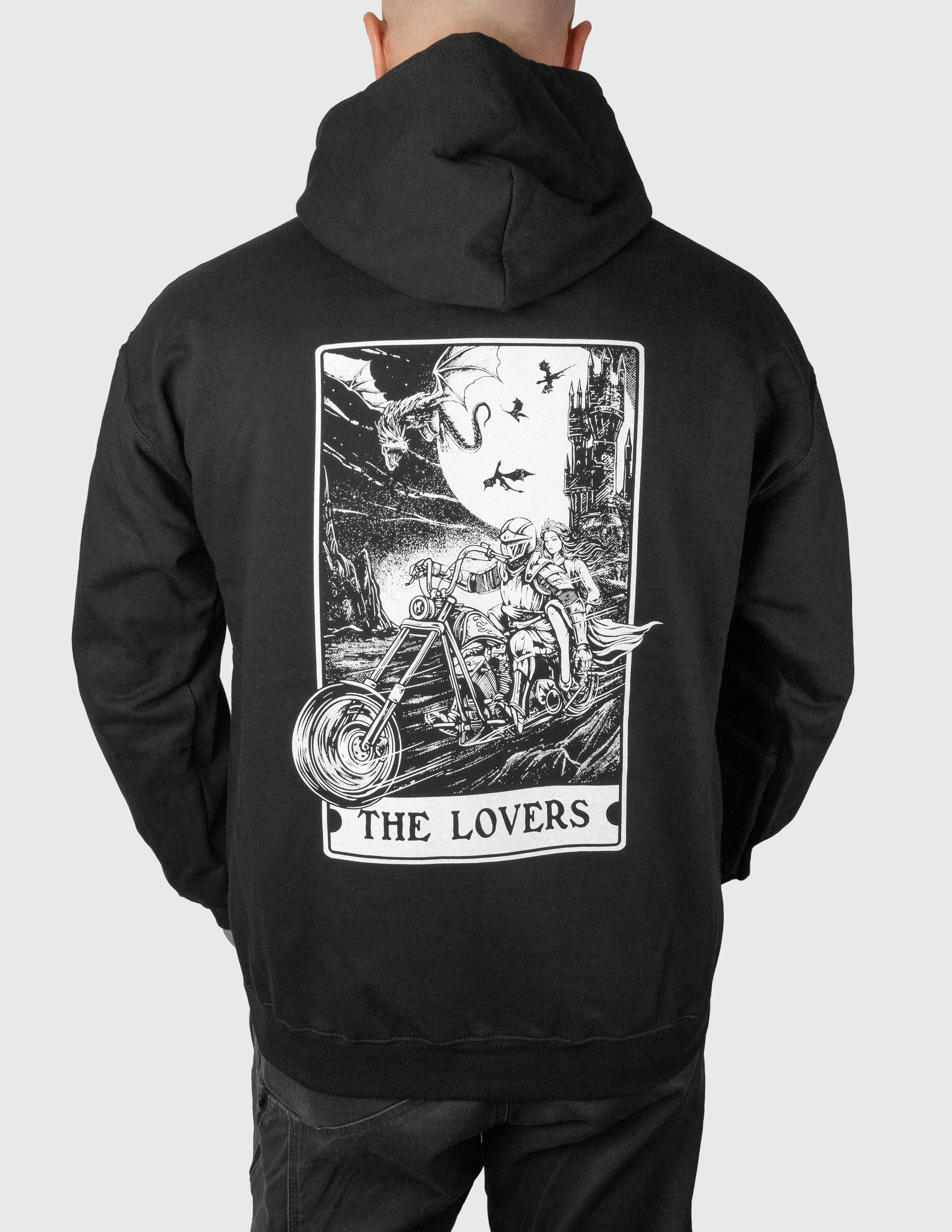 Black hoodie with 'The Lovers' tarot card design on the back, worn by a Man.