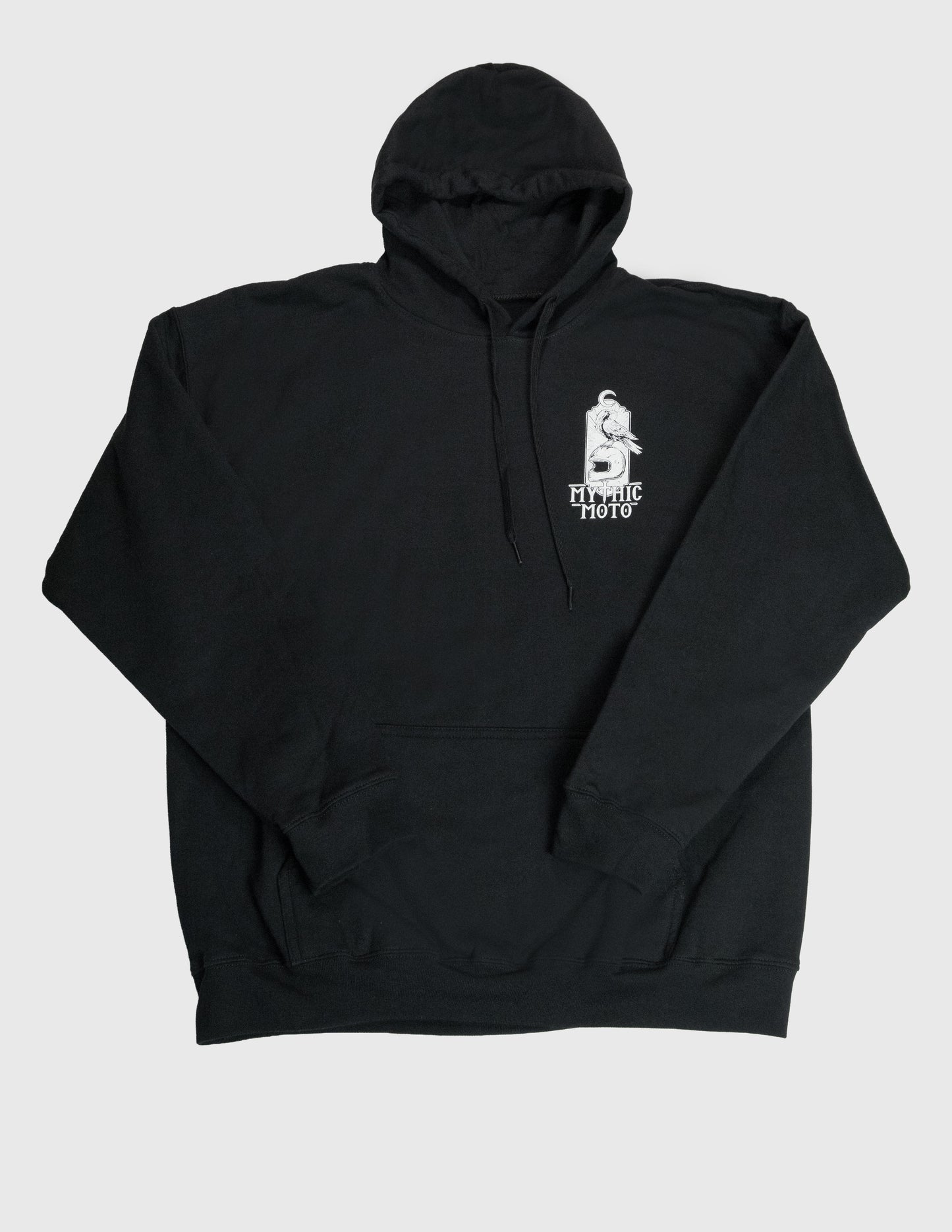 Black hoodie with a white logo on a light gray background Mythic Moto Motorcycle