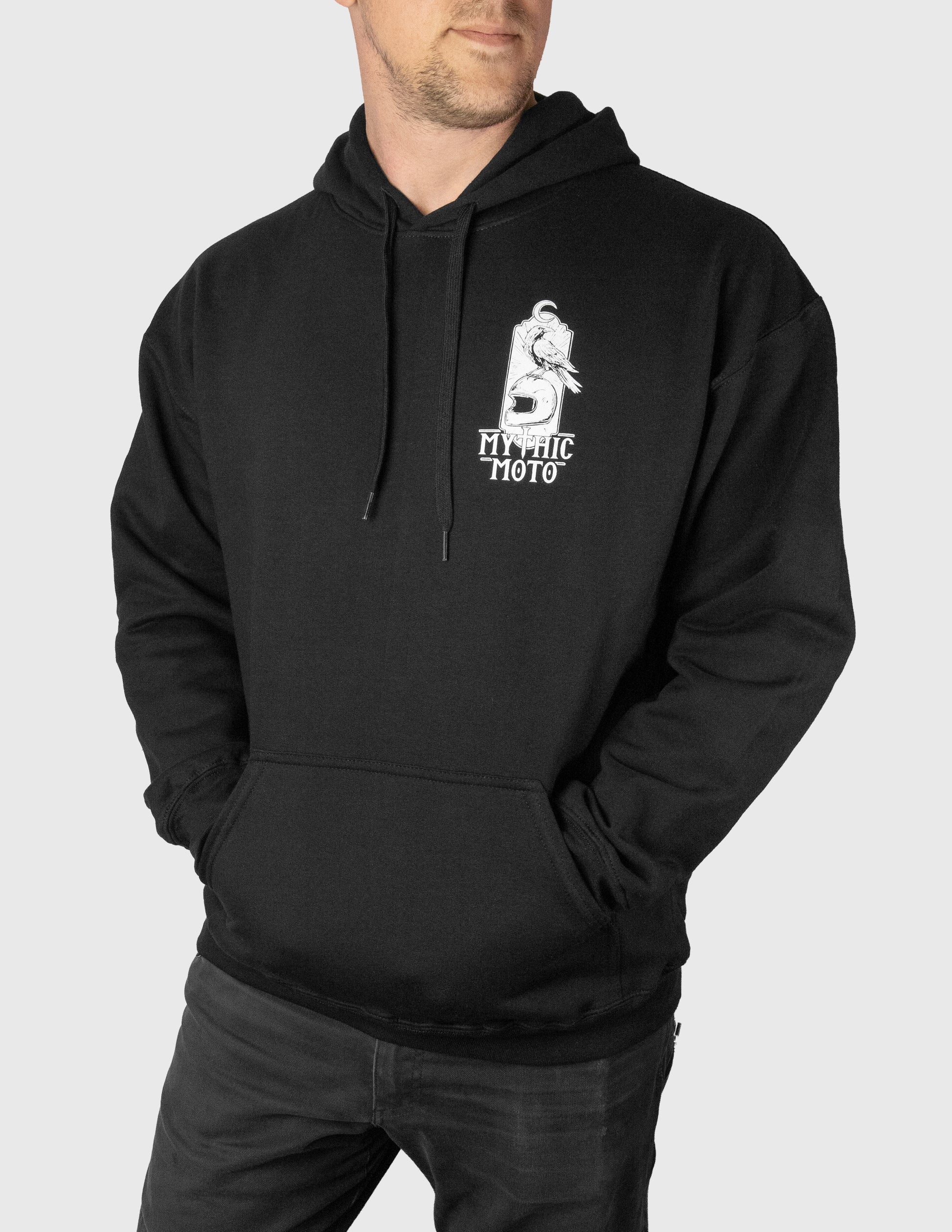 Black hoodie with a logo on a white background
