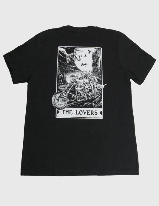 Black t-shirt with 'The Lovers' tarot card design on a white background. Her Two Wheels,  Mythic Moto