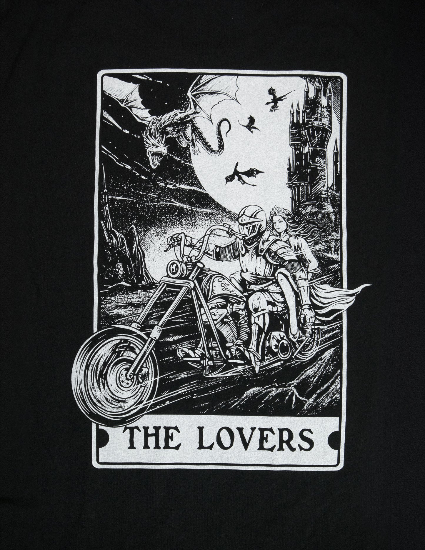 Black t-shirt with 'The Lovers' tarot card design featuring two people on a  chopper motorcycle being chased by a dragon