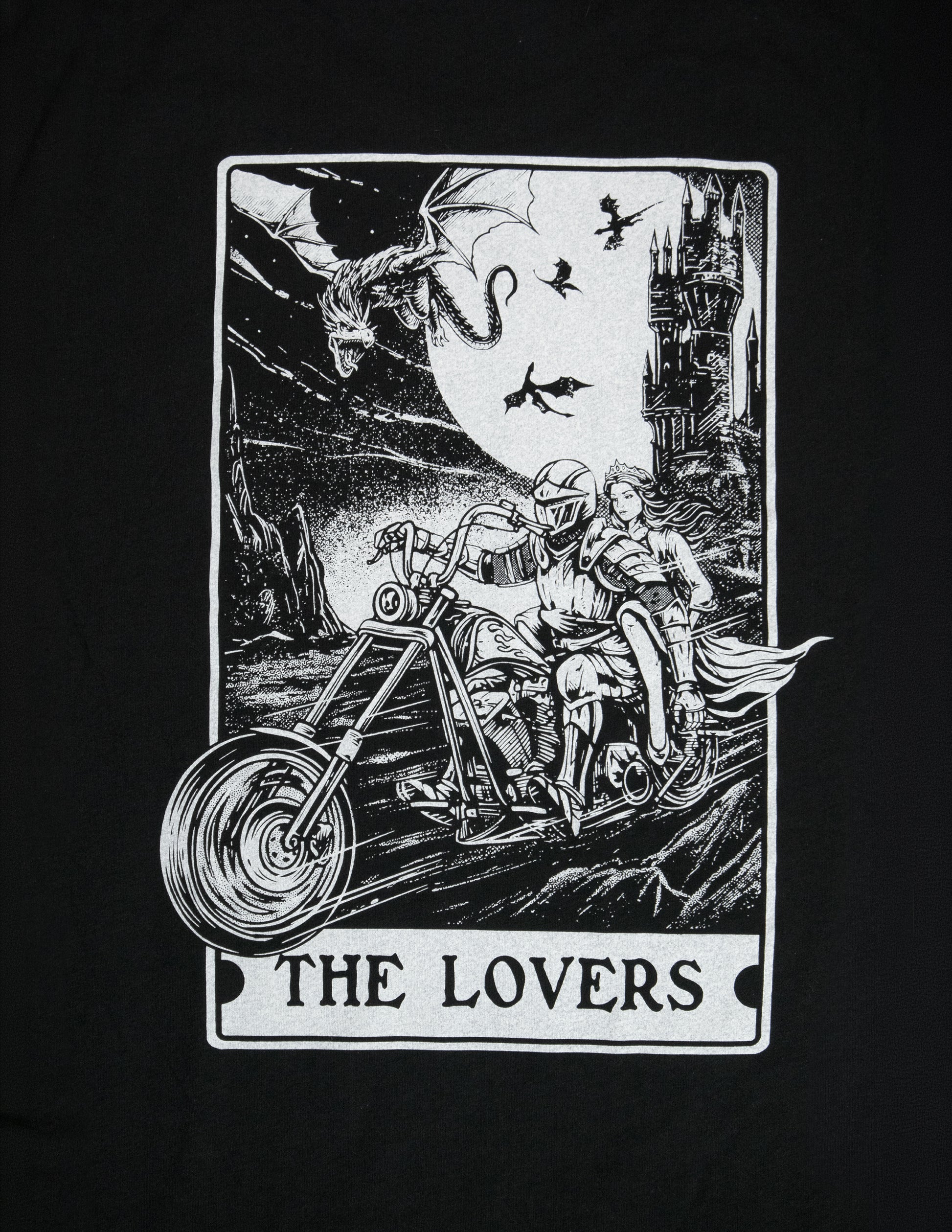 Black t-shirt with 'The Lovers' tarot card design featuring two people on a  chopper motorcycle being chased by a dragon
