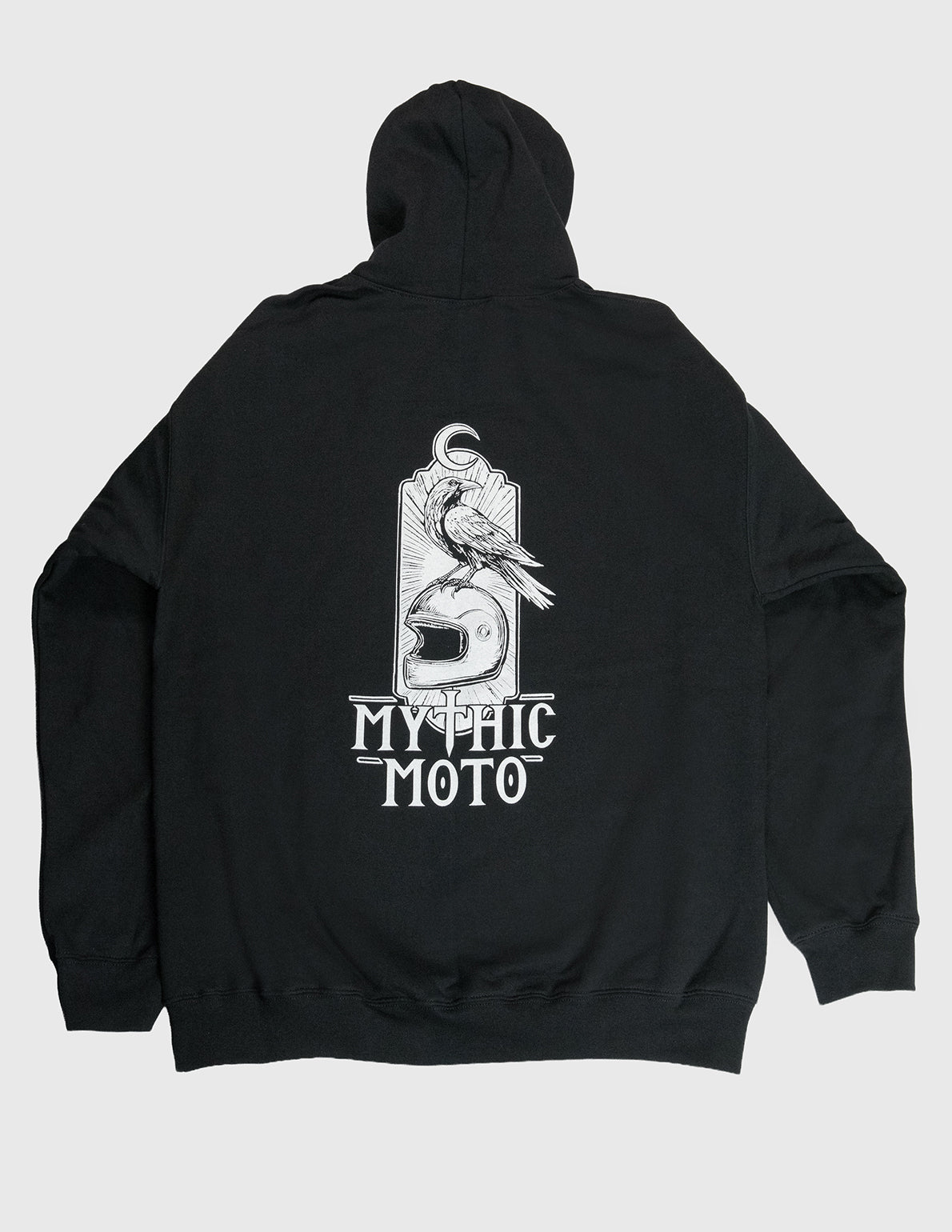 Black hoodie with 'Mythic Moto' logo on the back against a white background