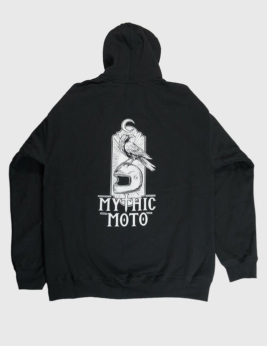 Black hoodie with 'Mythic Moto' logo on the back against a white background