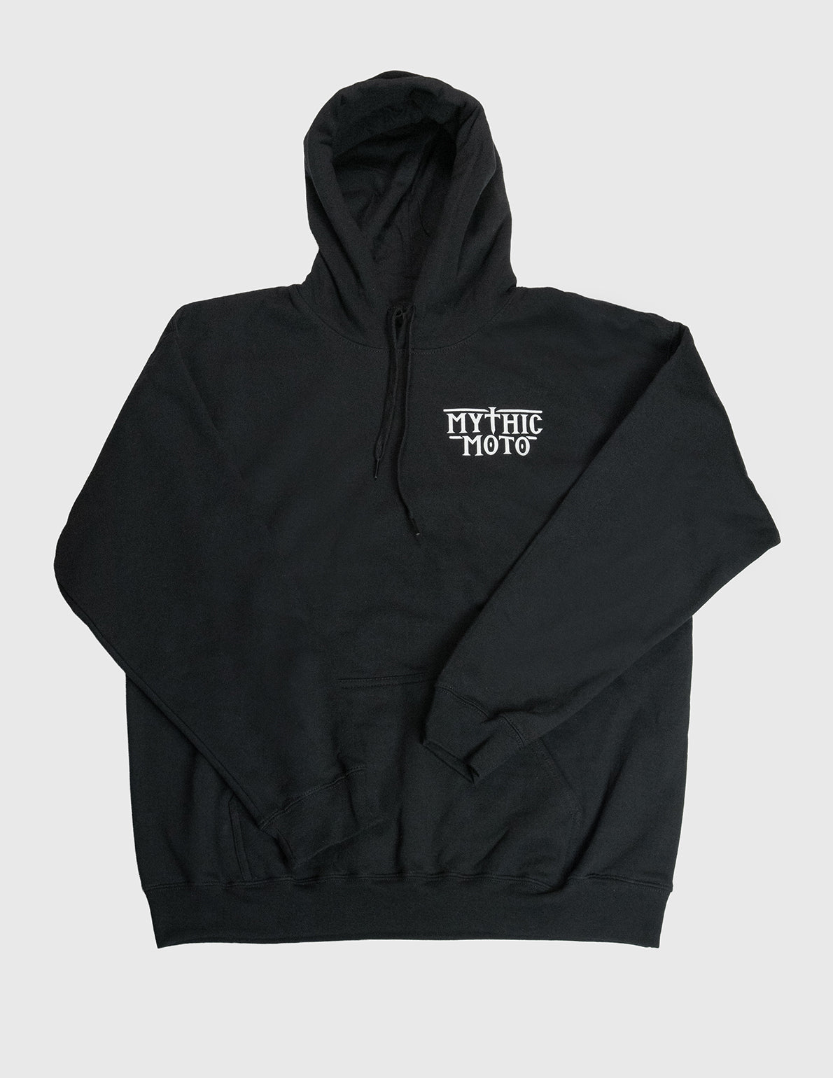 Black hoodie with 'Mythic Moto' logo on a light gray background