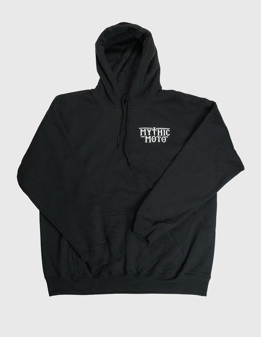 Black hoodie with 'Mythic Moto' logo on a light gray background