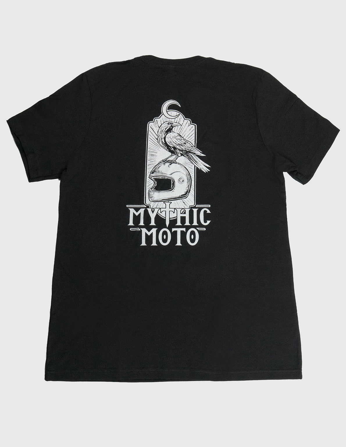 Black t-shirt with 'Mythic Moto' logo on a white background. Her Two Wheels