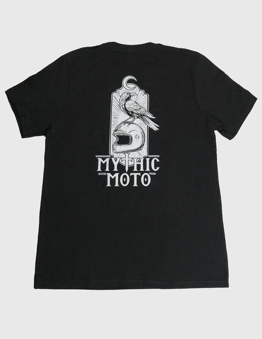 Black t-shirt with 'Mythic Moto' logo on a white background. Her Two Wheels