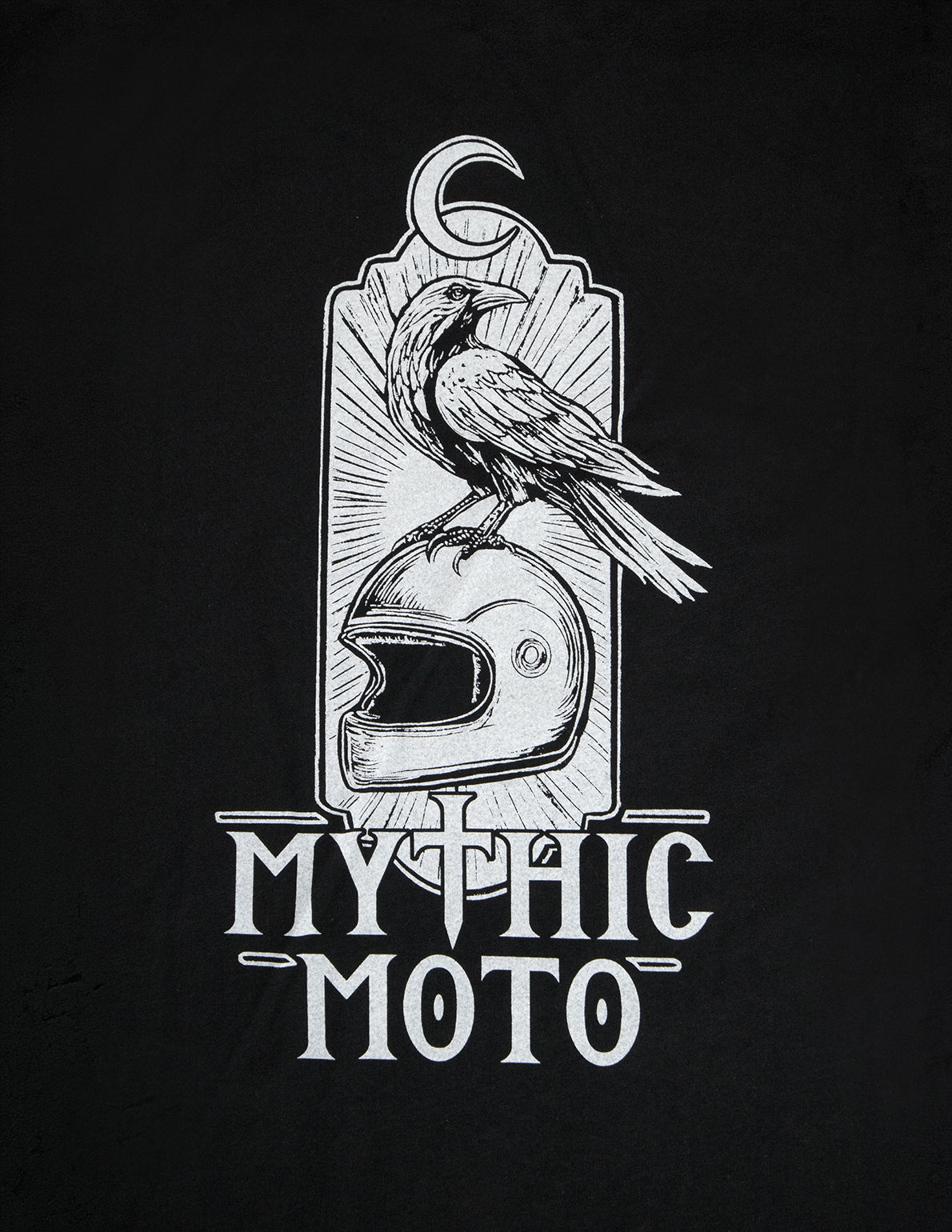 Black and white graphic of a helmet and crow with 'Mythic Moto' text on a black background