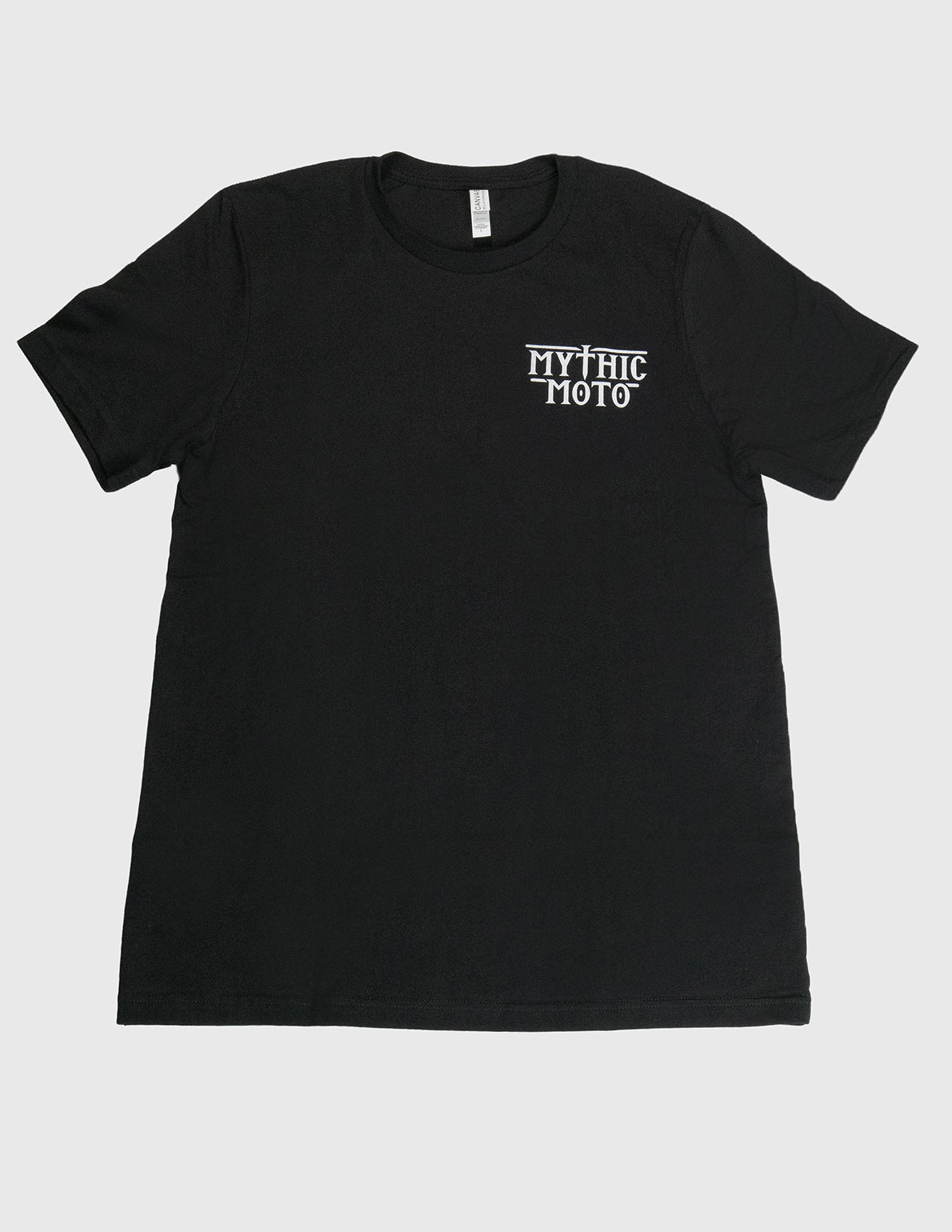 Black t-shirt with 'Mythic Moto' logo on a white background Her Two Wheels