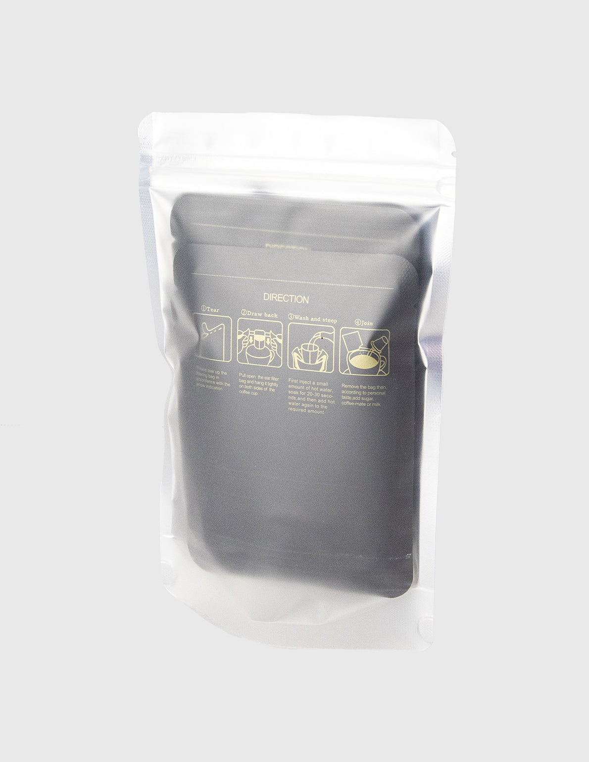 Gray coffee bag with white label on a light gray background