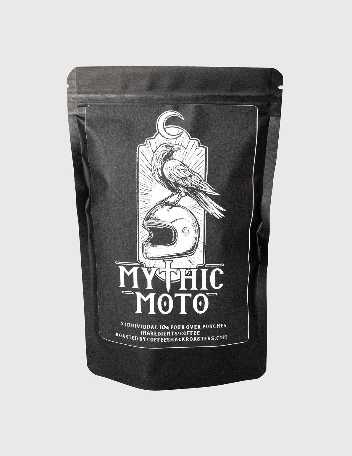 Black coffee packaging with 'Mythic Moto' branding on a white background