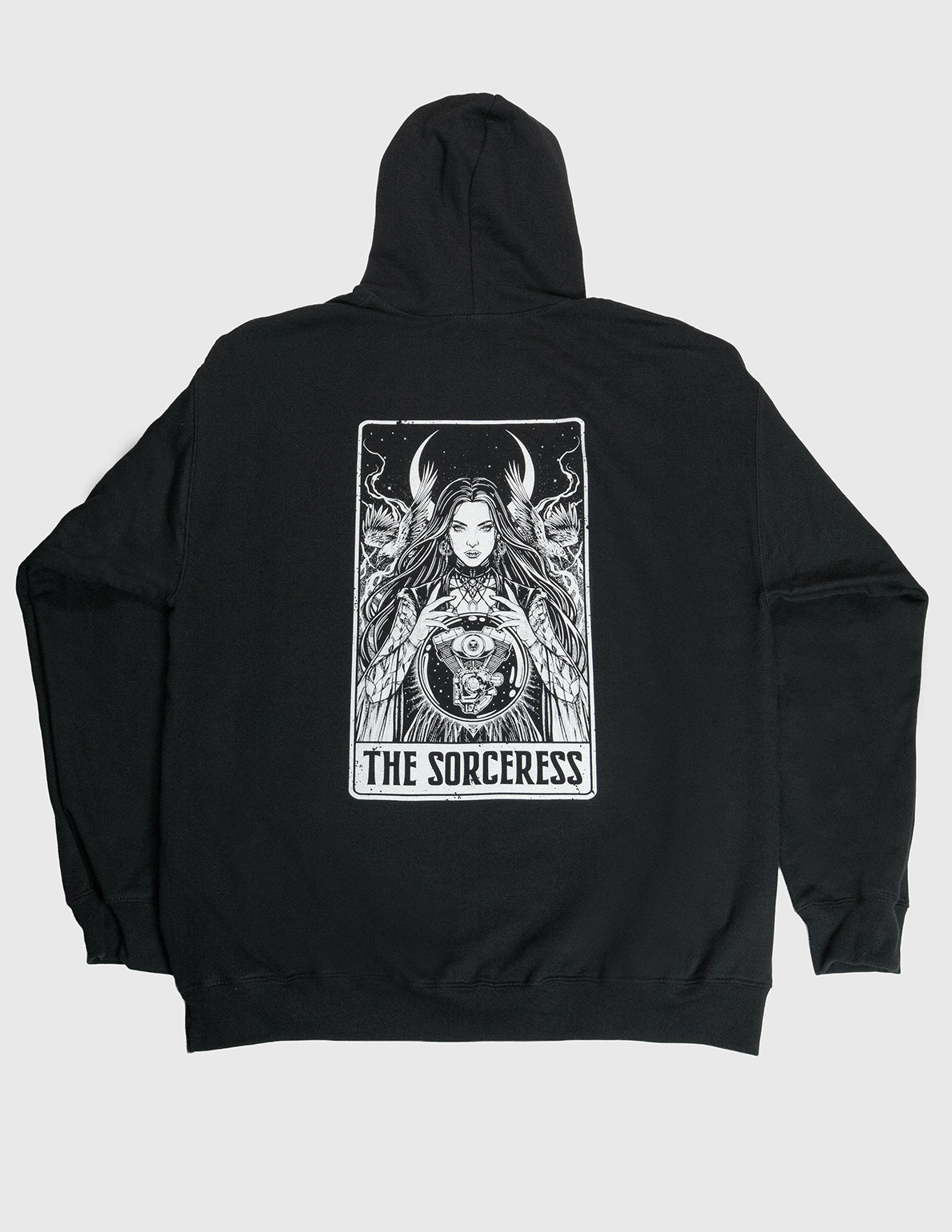 Black hoodie with 'The Sorceress' tarot card design on the back against a white background. Woman, Crystal Ball, VTwin 