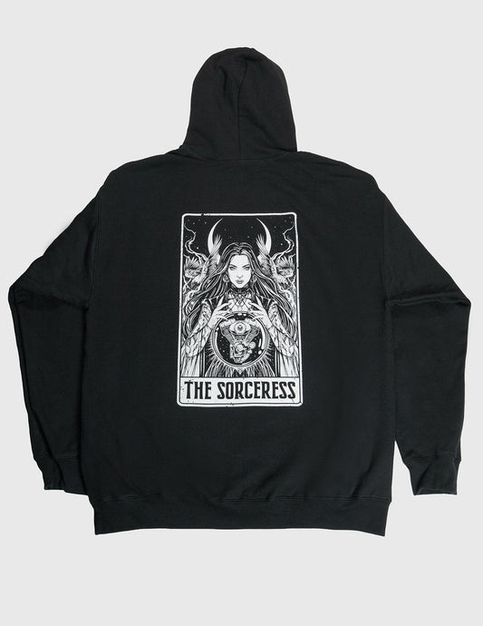 Black hoodie with 'The Sorceress' tarot card design on the back against a white background. Woman, Crystal Ball, VTwin 