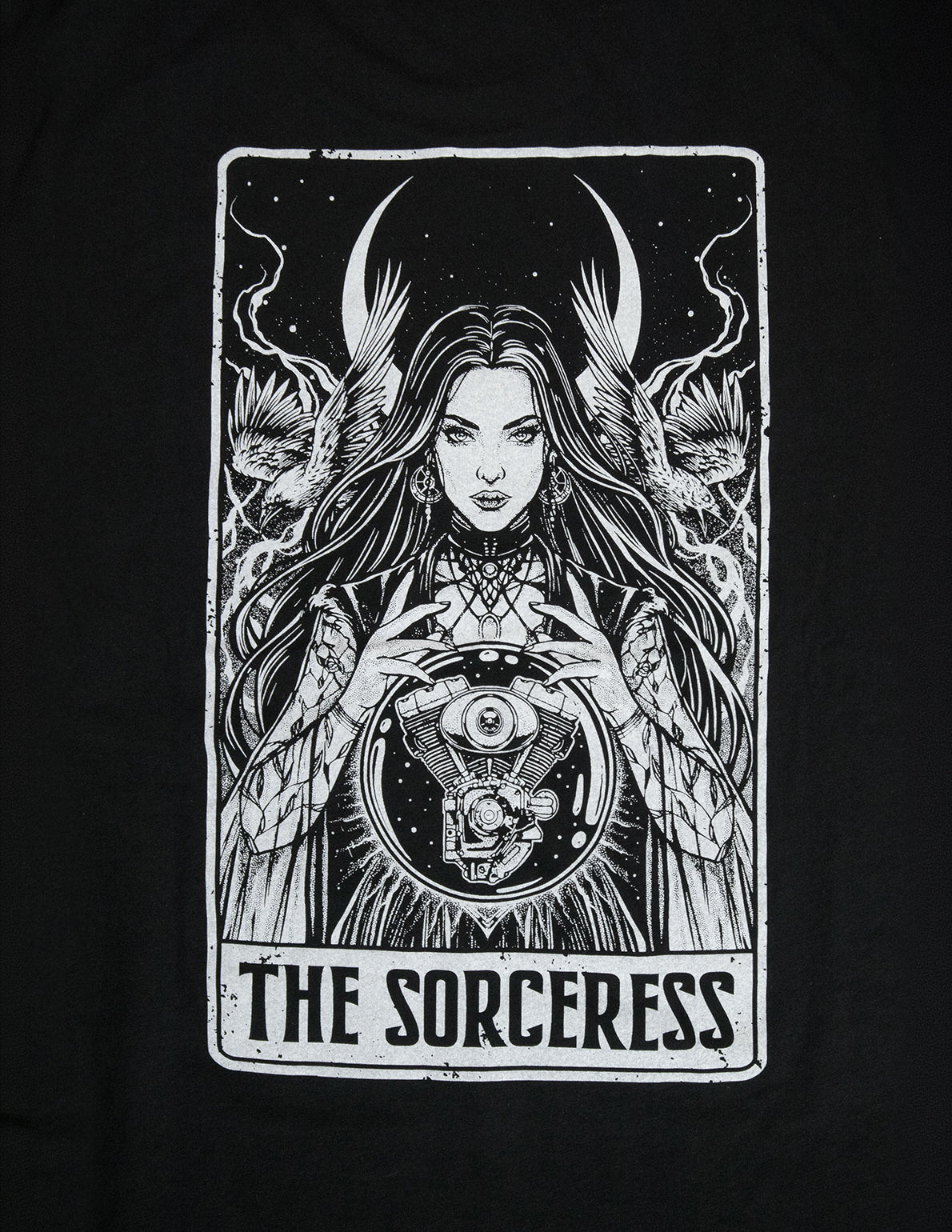 Black t-shirt with 'The Sorceress' design featuring a woman with a mystical symbols on a dark background. Motorcycle, crows, VTwin
