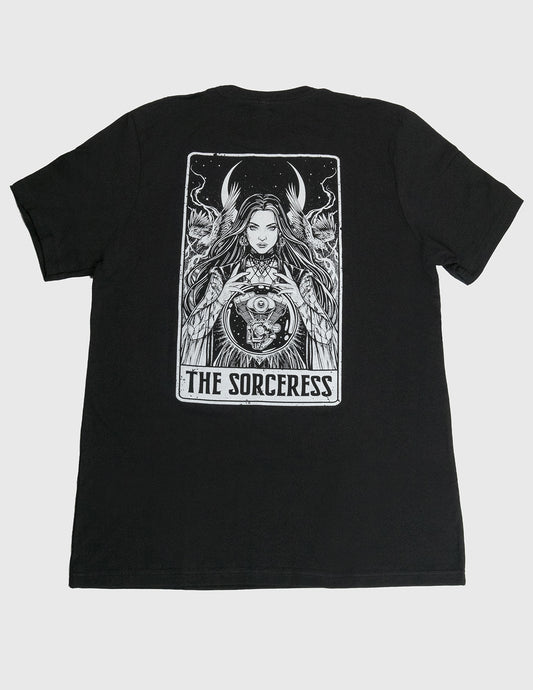 Black t-shirt with 'The Sorceress' graphic design on a white background. Her Two Wheels