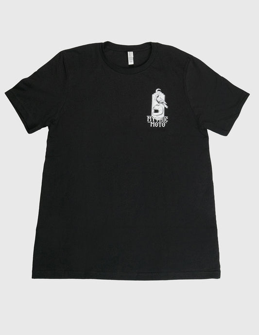 Black t-shirt with a white logo on a light gray background. Her Two Wheels