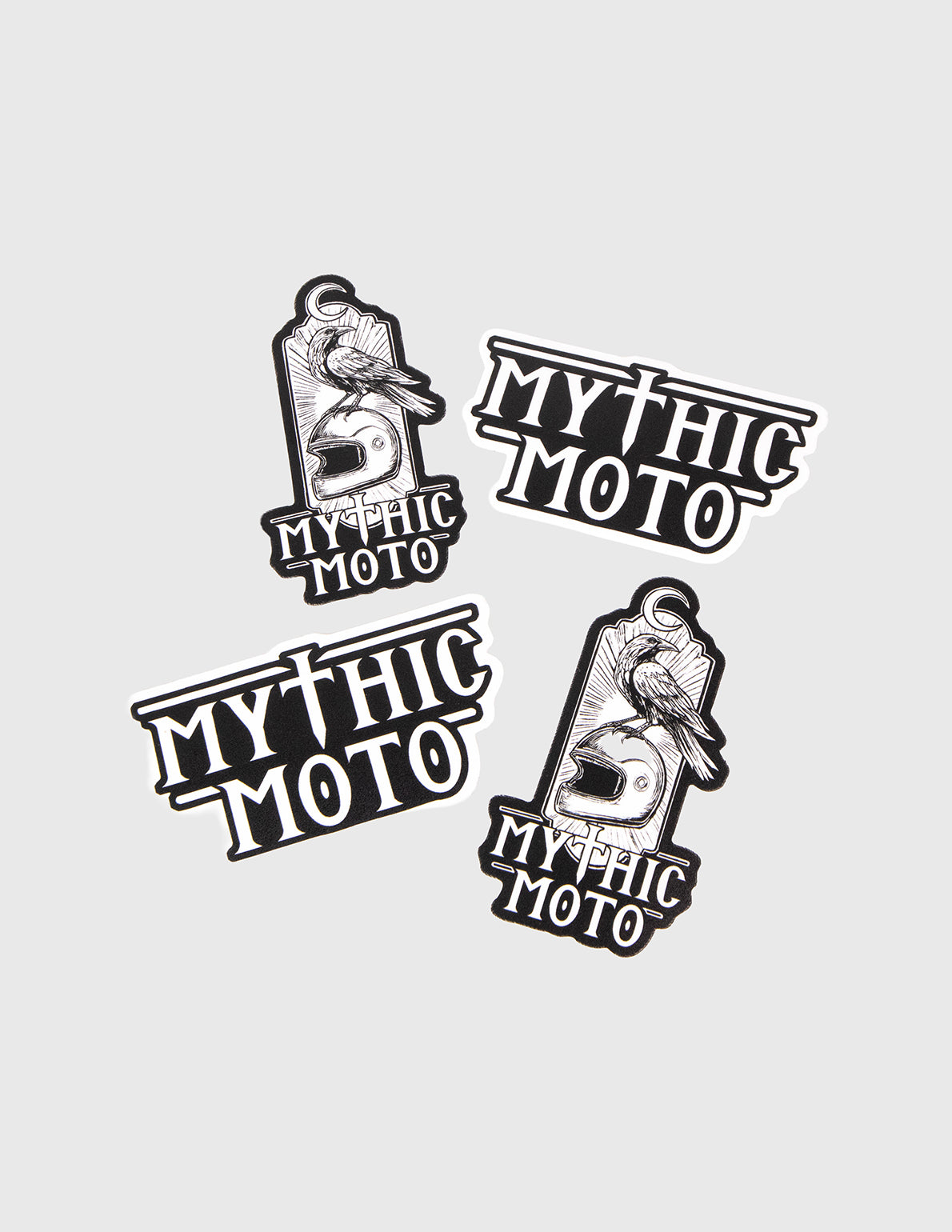 Four 'Mythic Moto' logos on a light gray background
