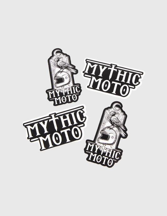 Four 'Mythic Moto' logos on a light gray background