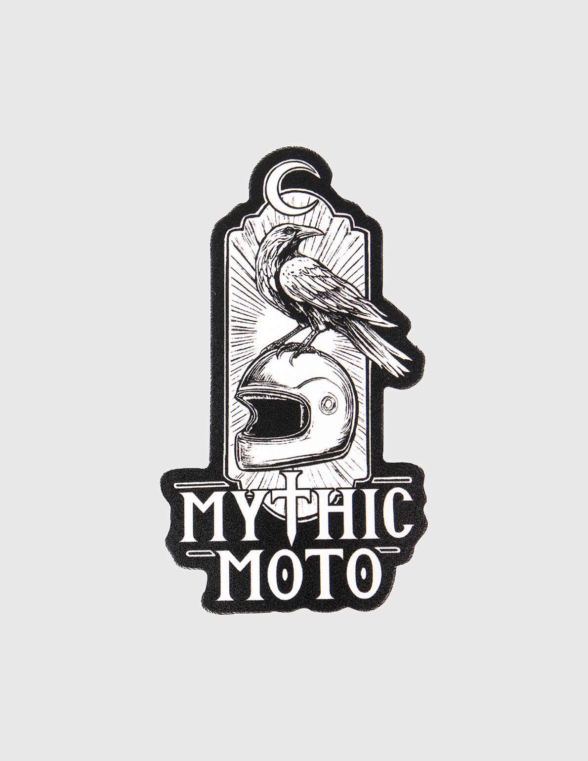 Logo with a helmet and bird illustration on a light gray background, featuring the text 'Mythic Moto'.