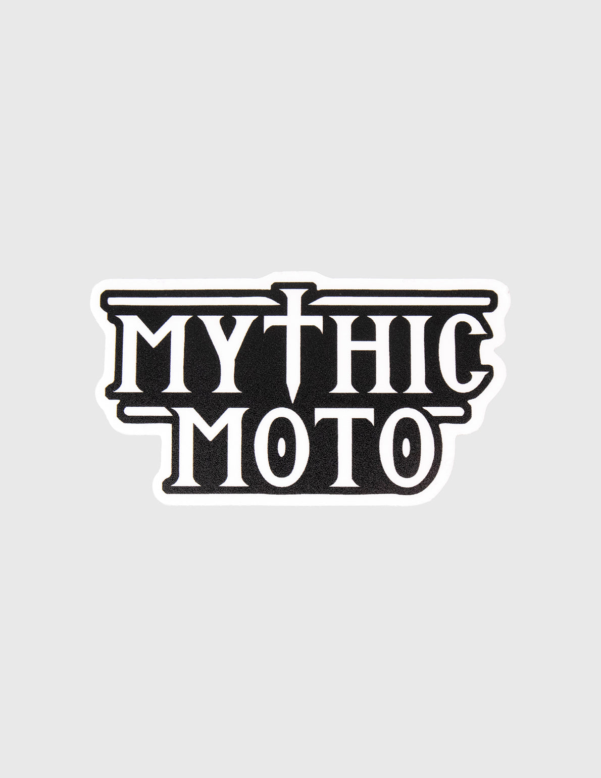 Black 'Mythic Moto' logo on a light gray background
