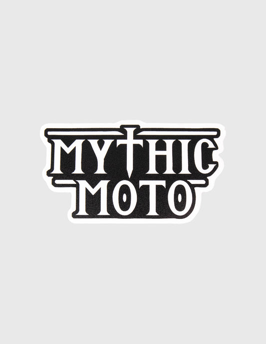 Black 'Mythic Moto' logo on a light gray background